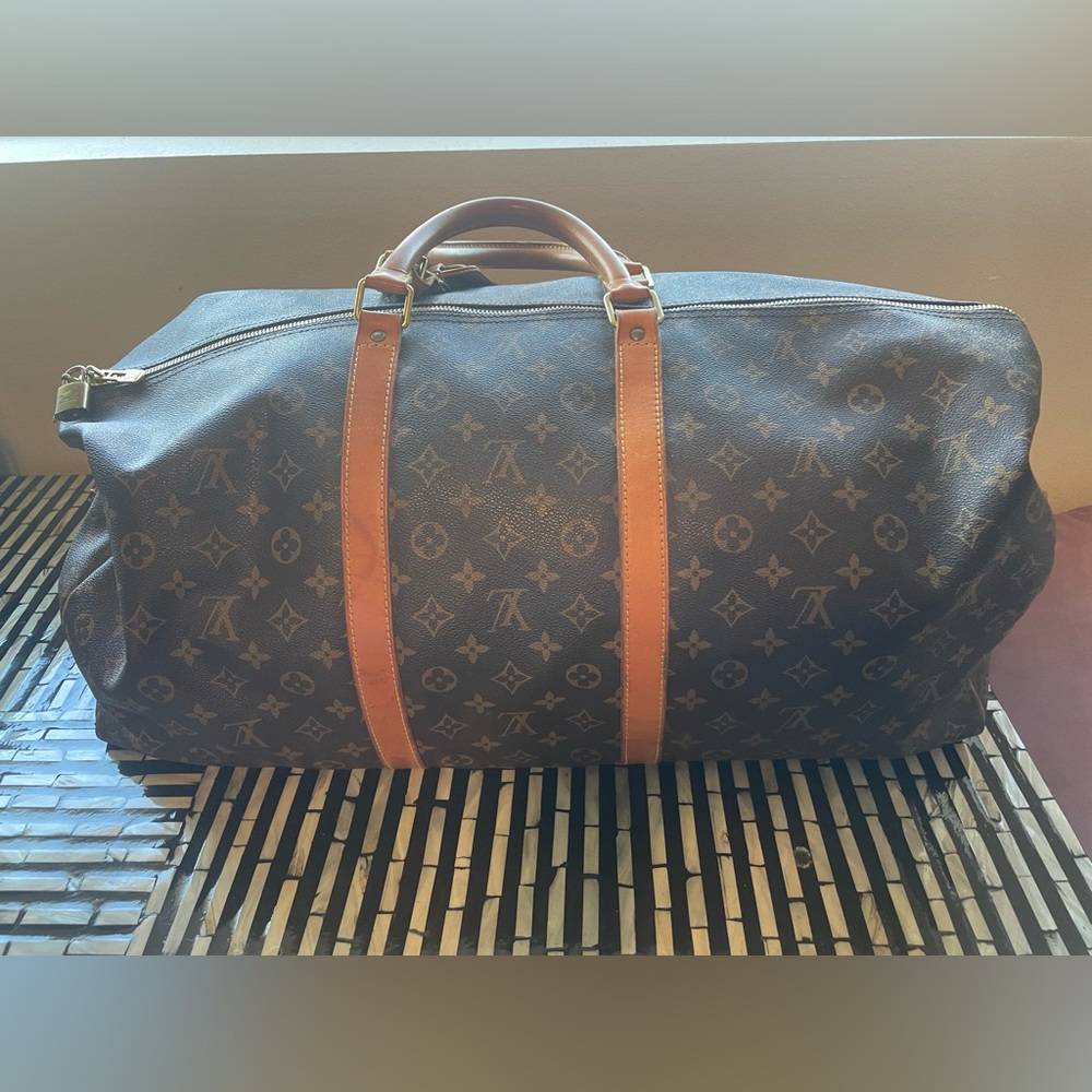 Louis Vuitton Brown Monogram Keepall Travel Duffle with Tan Leather Trim - Picture 3 of 12